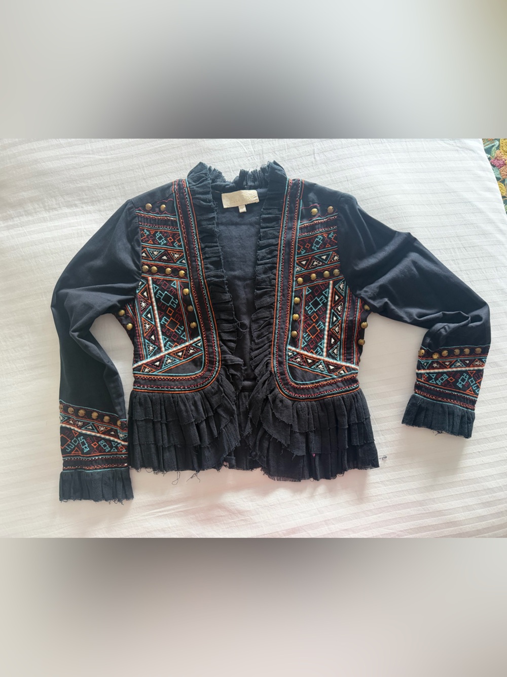 Love Sam Black Embroidered Fringe Boho Jacket with Multicolor Accents